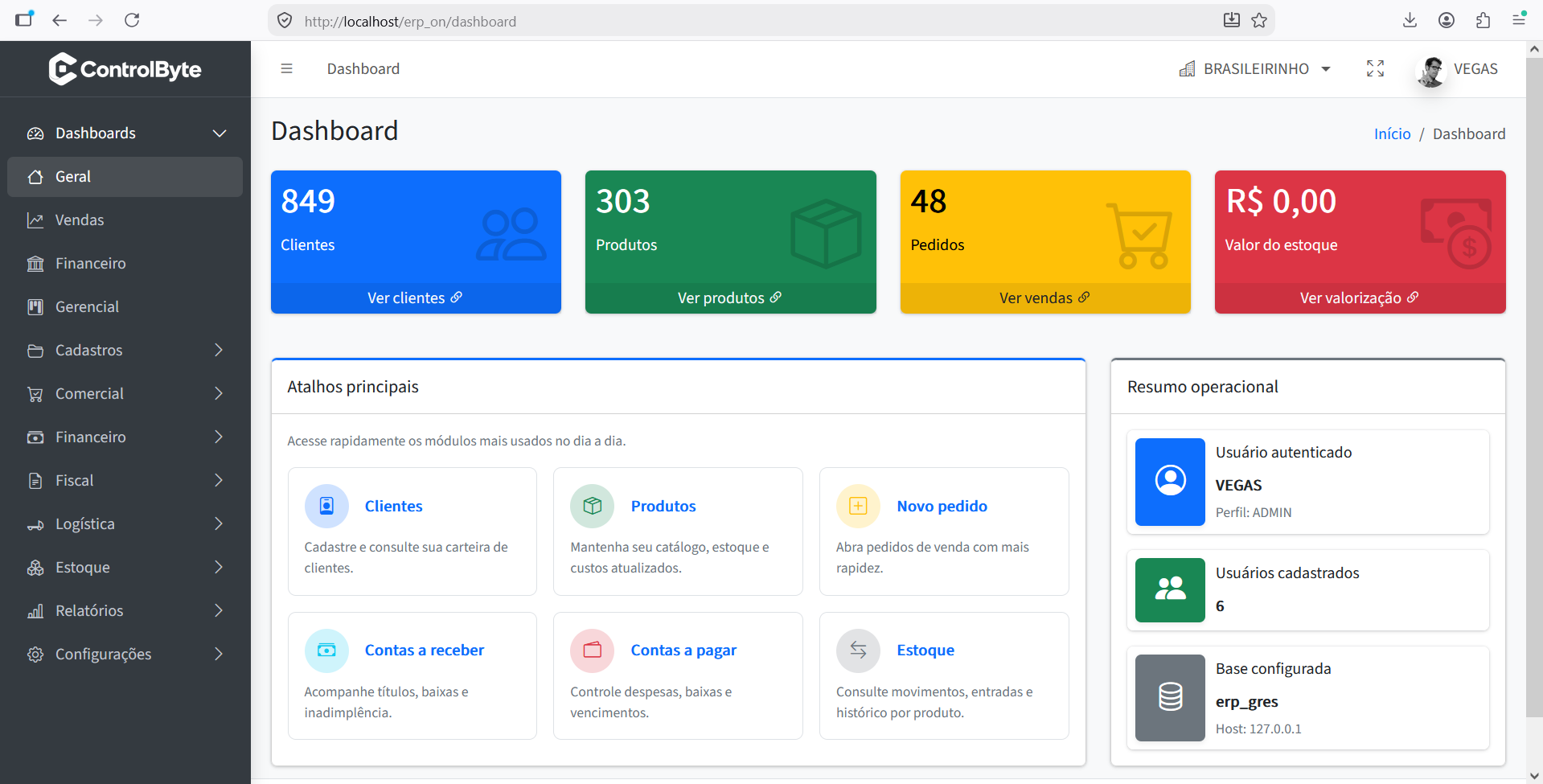Dashboard geral do sistema ControlByte exibido em um notebook